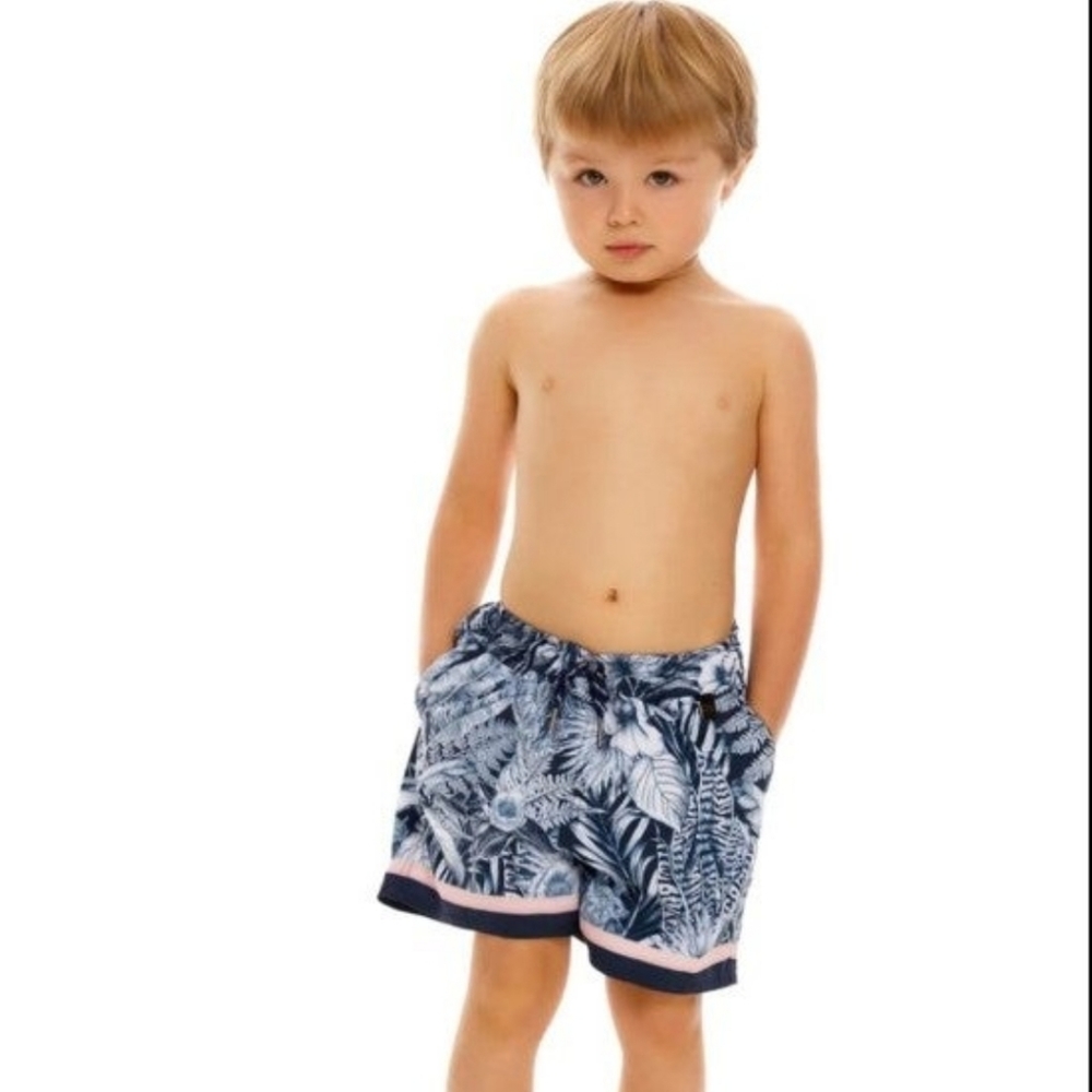 Agua Bendita Boys Navy Blue and Pink Tropical Swim Trunks
